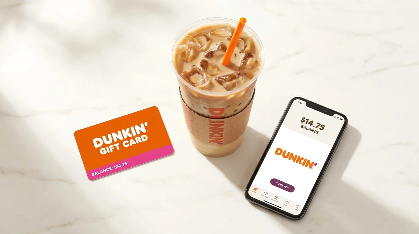 Dunkin gift card balance displayed on the Dunkin app next to a physical Dunkin gift card and iced coffee