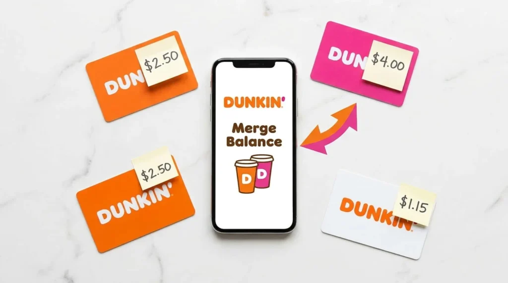 Multiple Dunkin gift cards being merged into one primary card using the Dunkin app