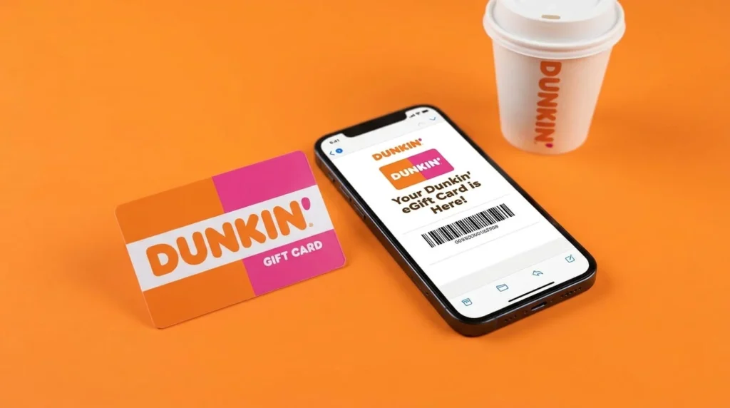 Dunkin physical gift card and eGift card displayed side by side on orange background