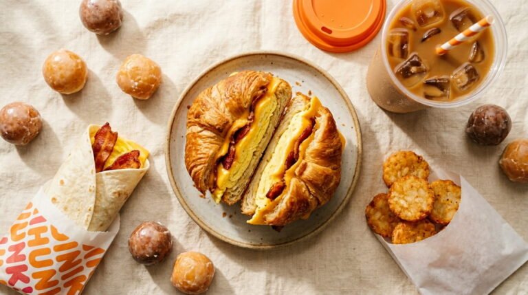 Dunkin' Donuts breakfast menu spread featuring a bacon egg and cheese croissant sandwich, iced coffee, hash browns, a Wake-Up Wrap, and glazed Munchkins on a cream surface