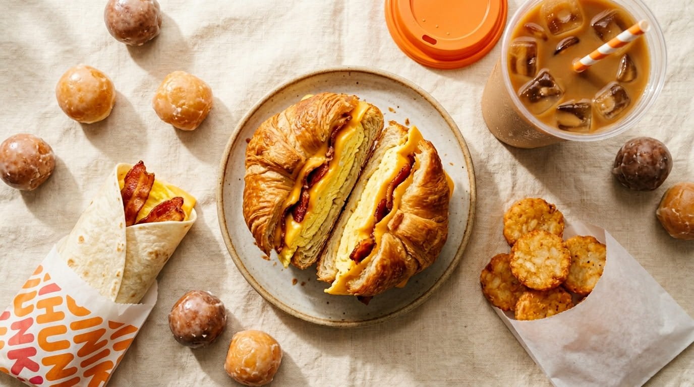 Dunkin' Donuts breakfast menu spread featuring a bacon egg and cheese croissant sandwich, iced coffee, hash browns, a Wake-Up Wrap, and glazed Munchkins on a cream surface