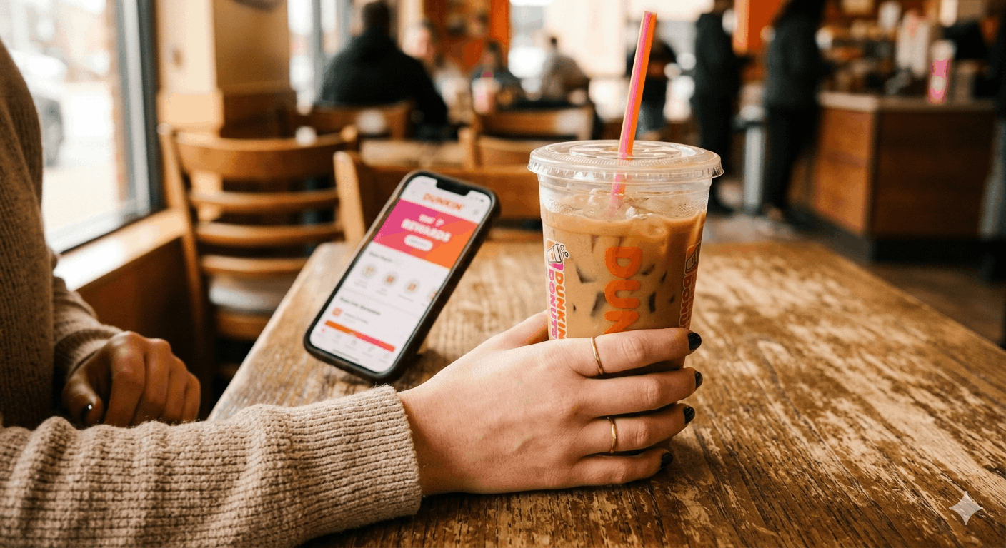 Person holding a Dunkin' Donuts iced coffee while using the Dunkin' app to apply a promo code in 2026