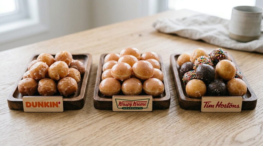 Dunkin Munchkins vs Krispy Kreme donut holes and Tim Hortons Timbits comparison
