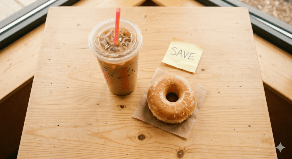 Dunkin' Donuts coffee and donut with a savings note — representing active Dunkin' coupon codes in 2026