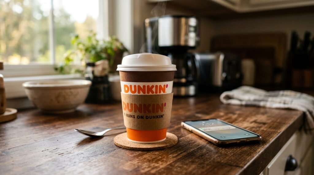 Dunkin hot coffee cup on kitchen counter with phone notification visible in background