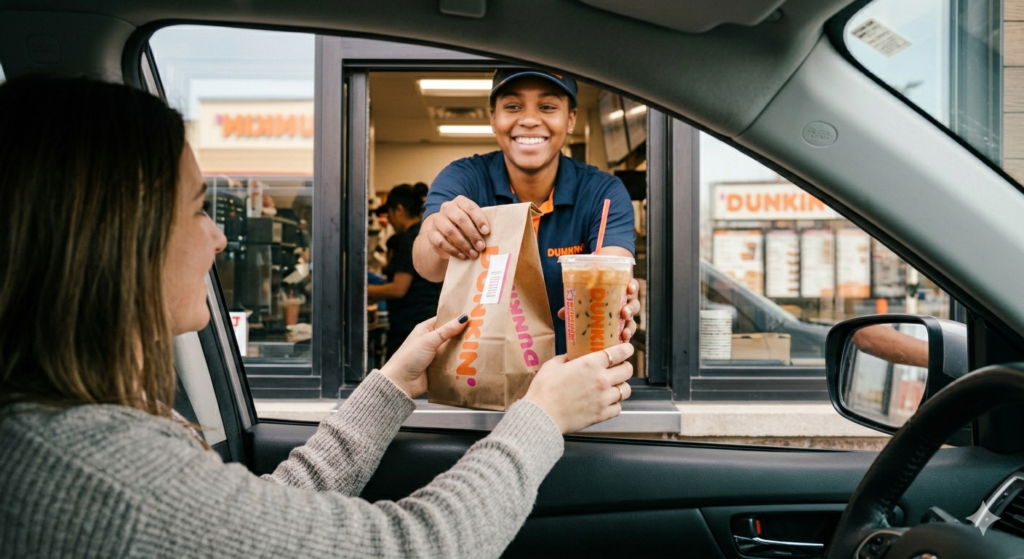 Customer picking up a Dunkin' Donuts $5 meal deal order at the drive-thru window in 2026