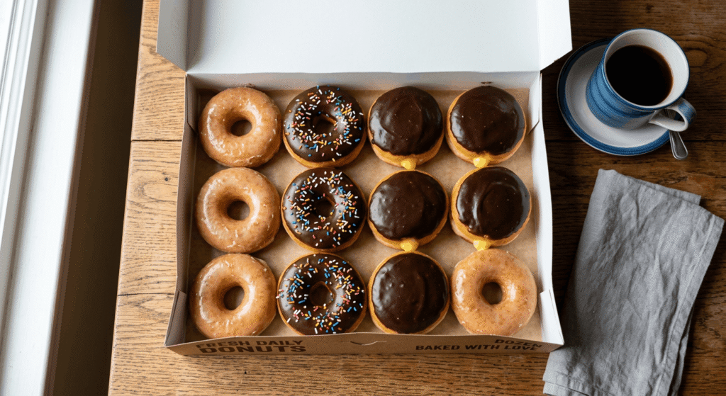 dunkin donuts price list with assorted donut flavors in a box