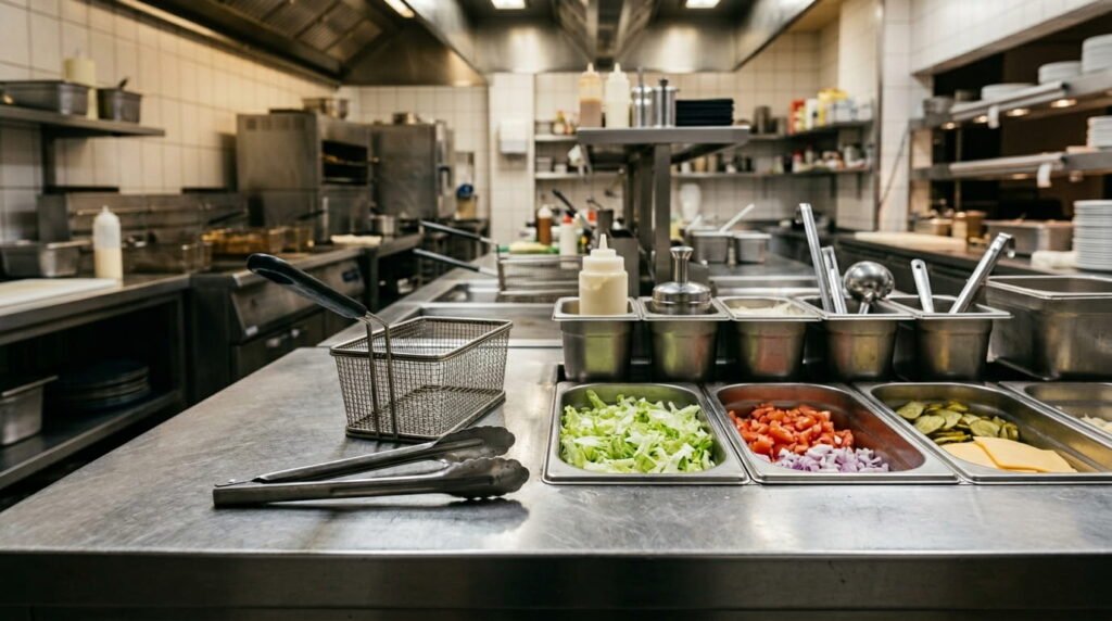 A fast food kitchen counter showing shared preparation surfaces and utensils, illustrating cross-contamination risks for gluten-free diners at Dunkin Donuts