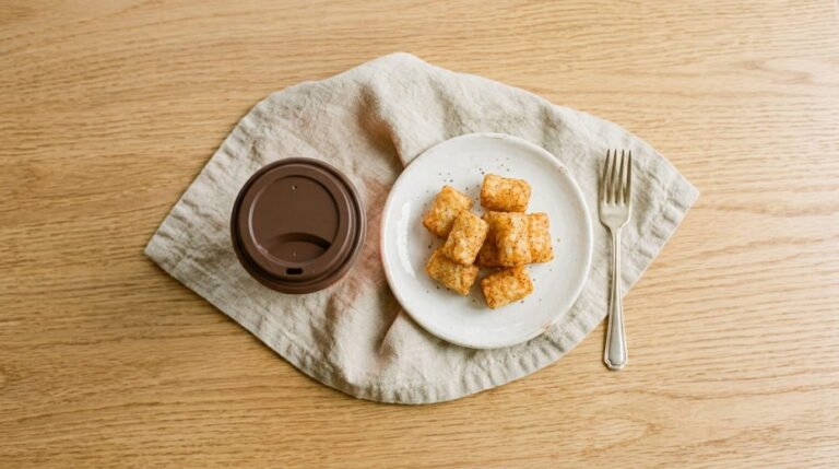 A warm Dunkin coffee cup and hash browns on a clean table, representing Dunkin Donuts gluten free menu options