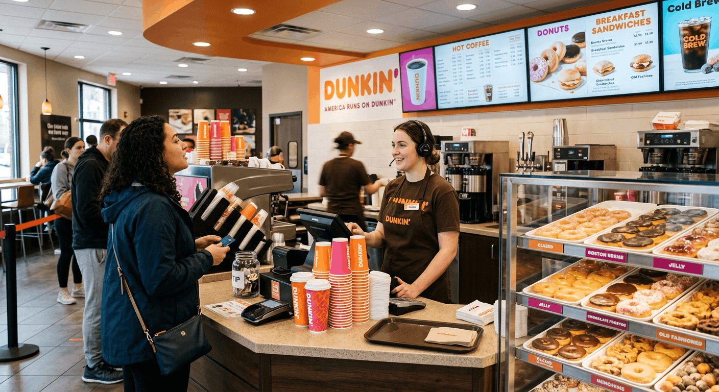 Dunkin donuts menu with prices displayed inside store with coffee and donuts