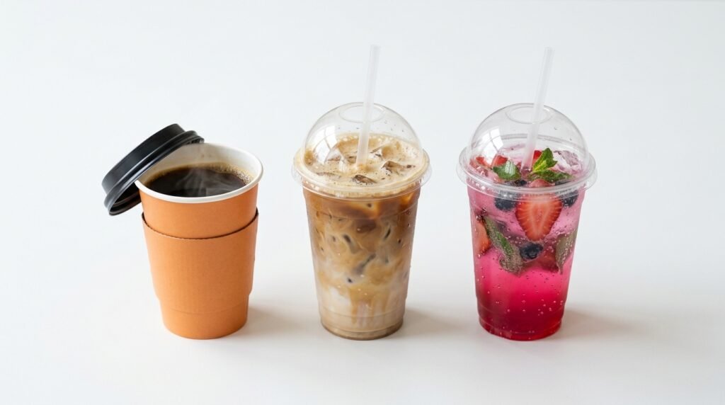 A variety of Dunkin iced and hot coffee drinks lined up, highlighting gluten free beverage options available at Dunkin Donuts