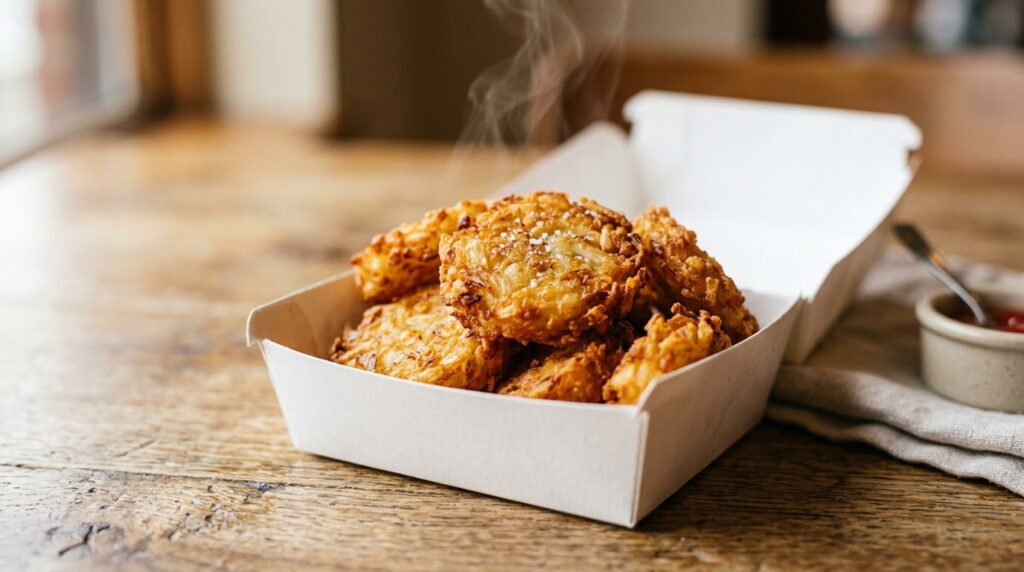 Golden crispy hash browns served in a small cardboard container, a Dunkin Donuts gluten free food option with no gluten-containing ingredients
