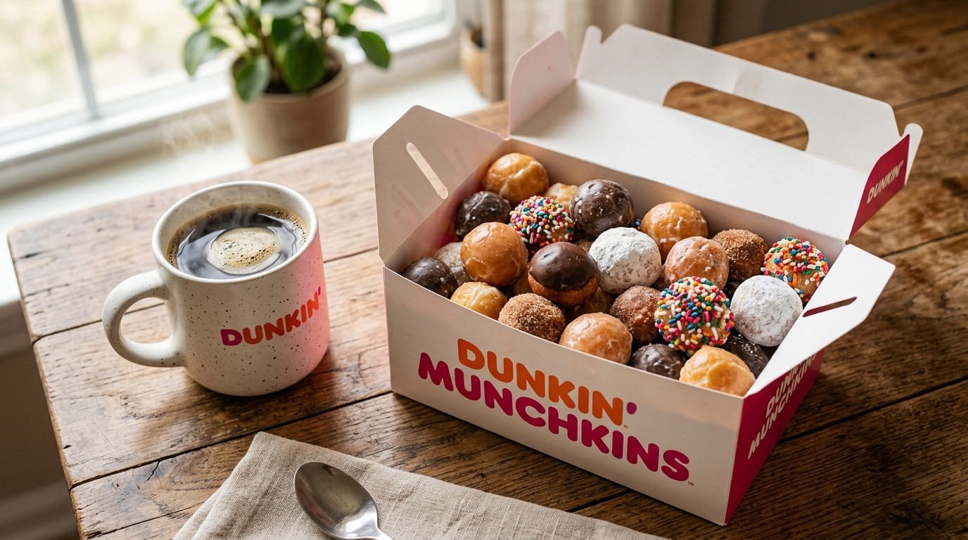 🏷️ Alt Text Dunkin Munchkins donut holes assortment with coffee on table showing 2026 pricing guide