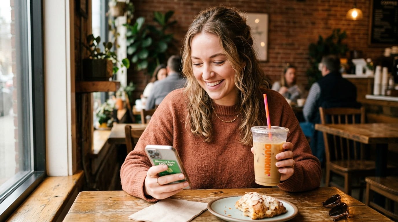 Woman applying Dunkin promo code on smartphone while holding iced coffee in March 2026