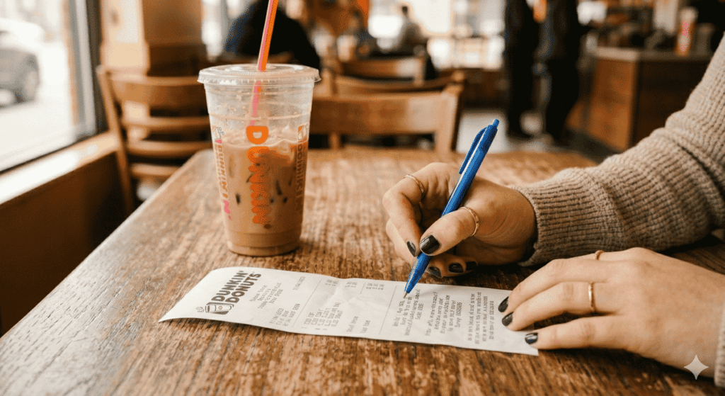 Dunkin' Donuts receipt on a cafe table showing the customer survey link for a free donut coupon
