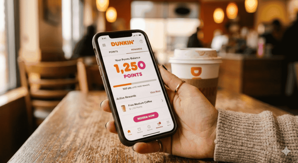 Dunkin' Rewards points balance shown on the Dunkin' app on a smartphone in 2026