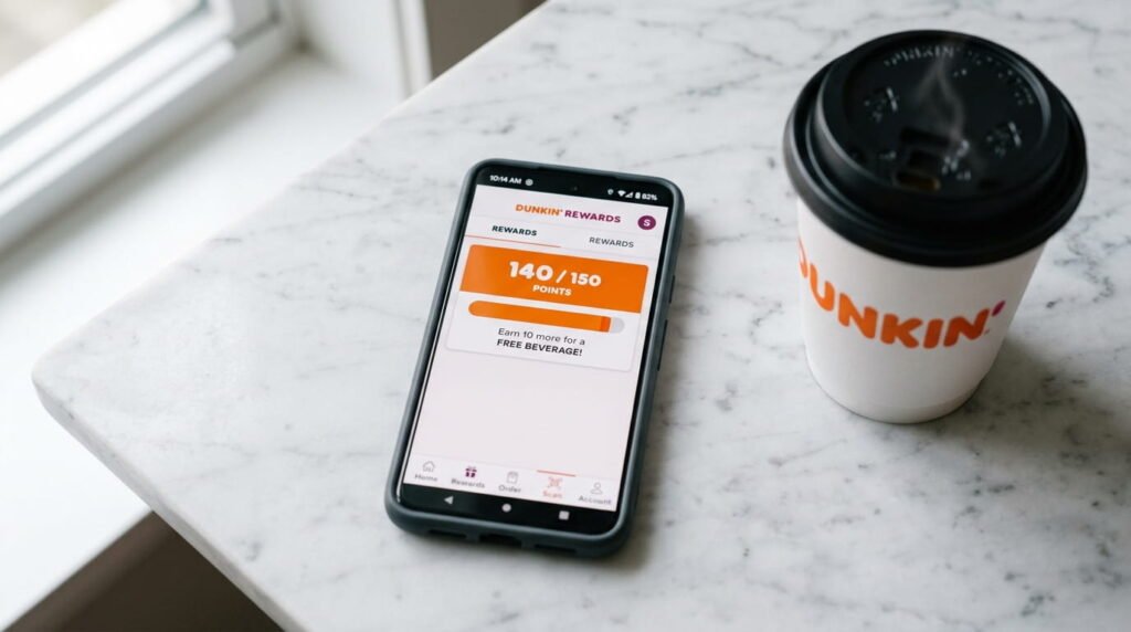 Dunkin Rewards app showing loyalty points balance near free medium beverage threshold