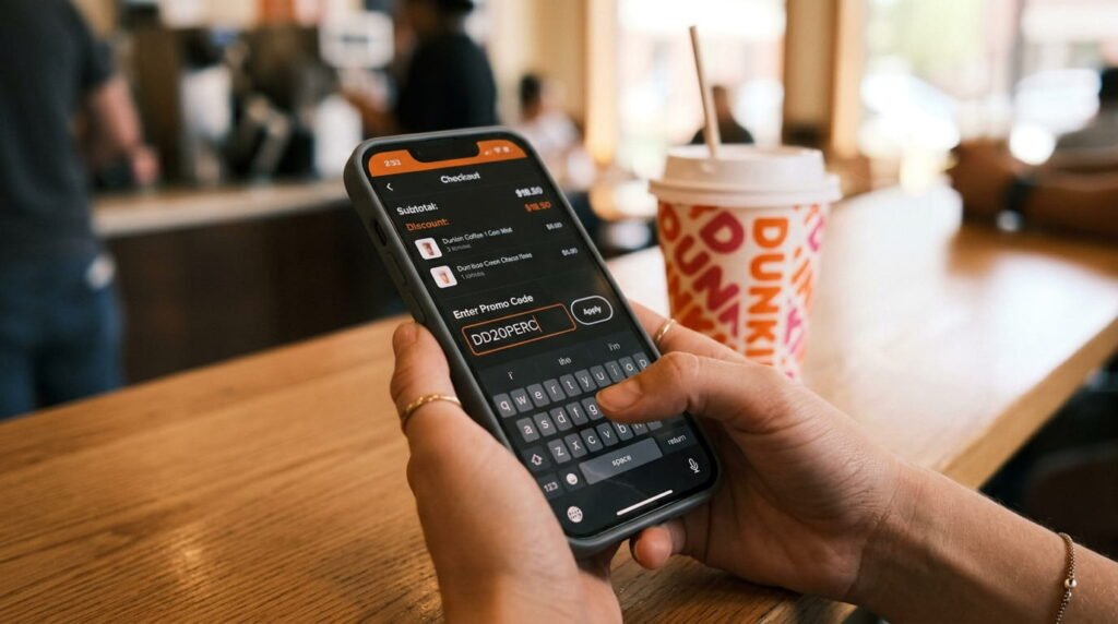 Hand typing Dunkin promo code into app checkout field on smartphone
