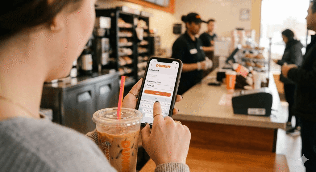 Customer entering a Dunkin' Donuts promo code into the Dunkin' app at checkout on their smartphone