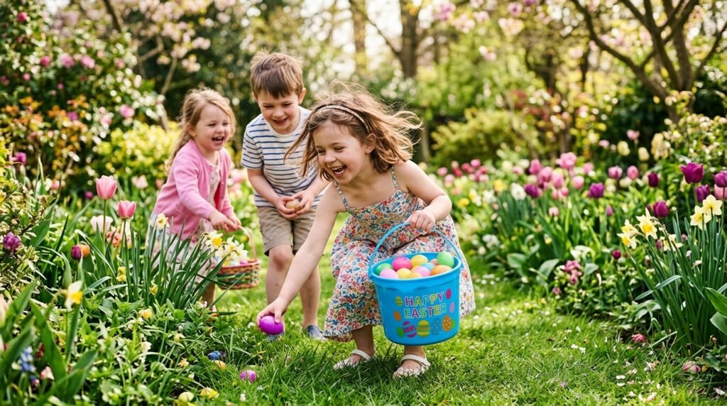 Kids using Dunkin Easter Bucket for Easter egg hunt