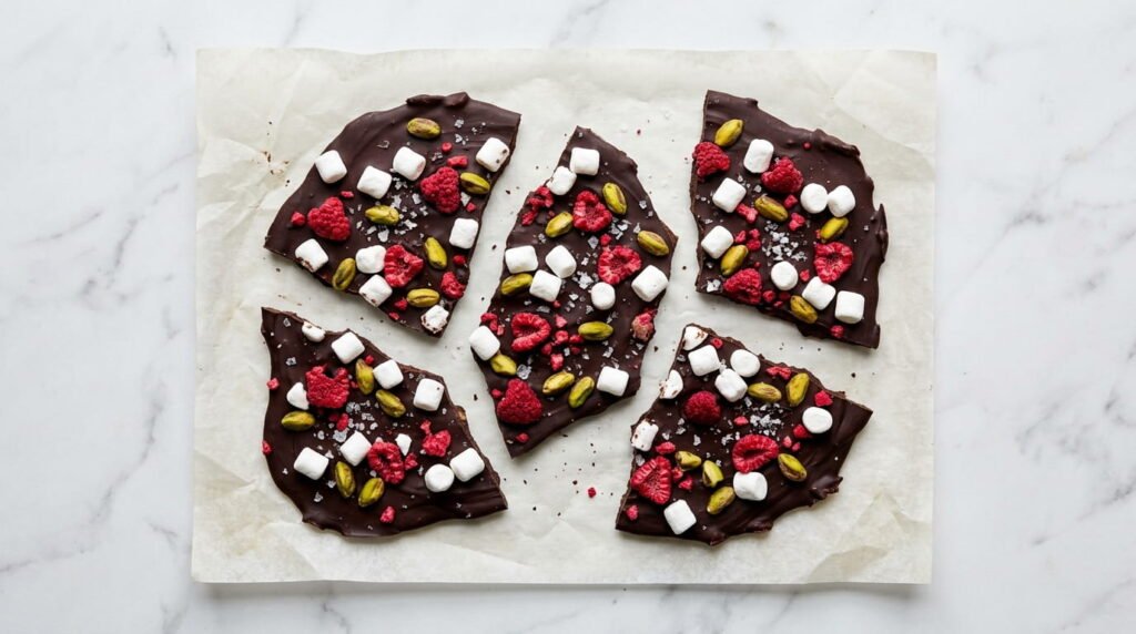 Homemade vegan dark chocolate Easter bark broken into shards and topped with mini marshmallows, freeze-dried raspberries, pistachios, and sea salt