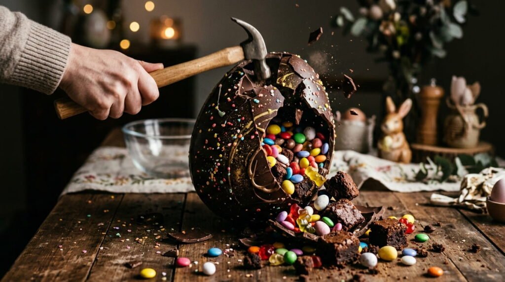 Easter smash chocolate egg filled with candy being broken