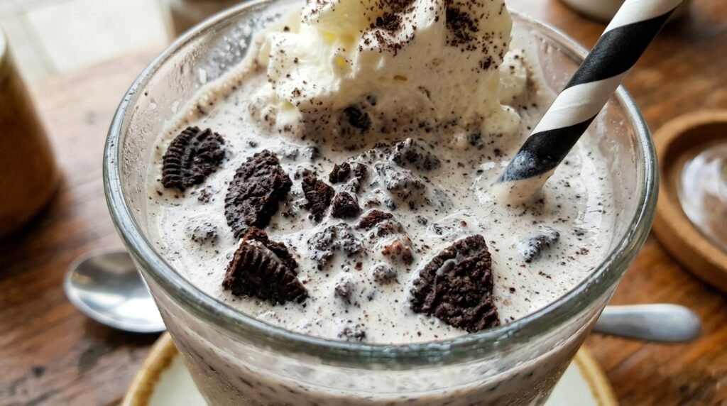 Close-up texture of Oreo Coolatta showing cookie pieces and creamy blend