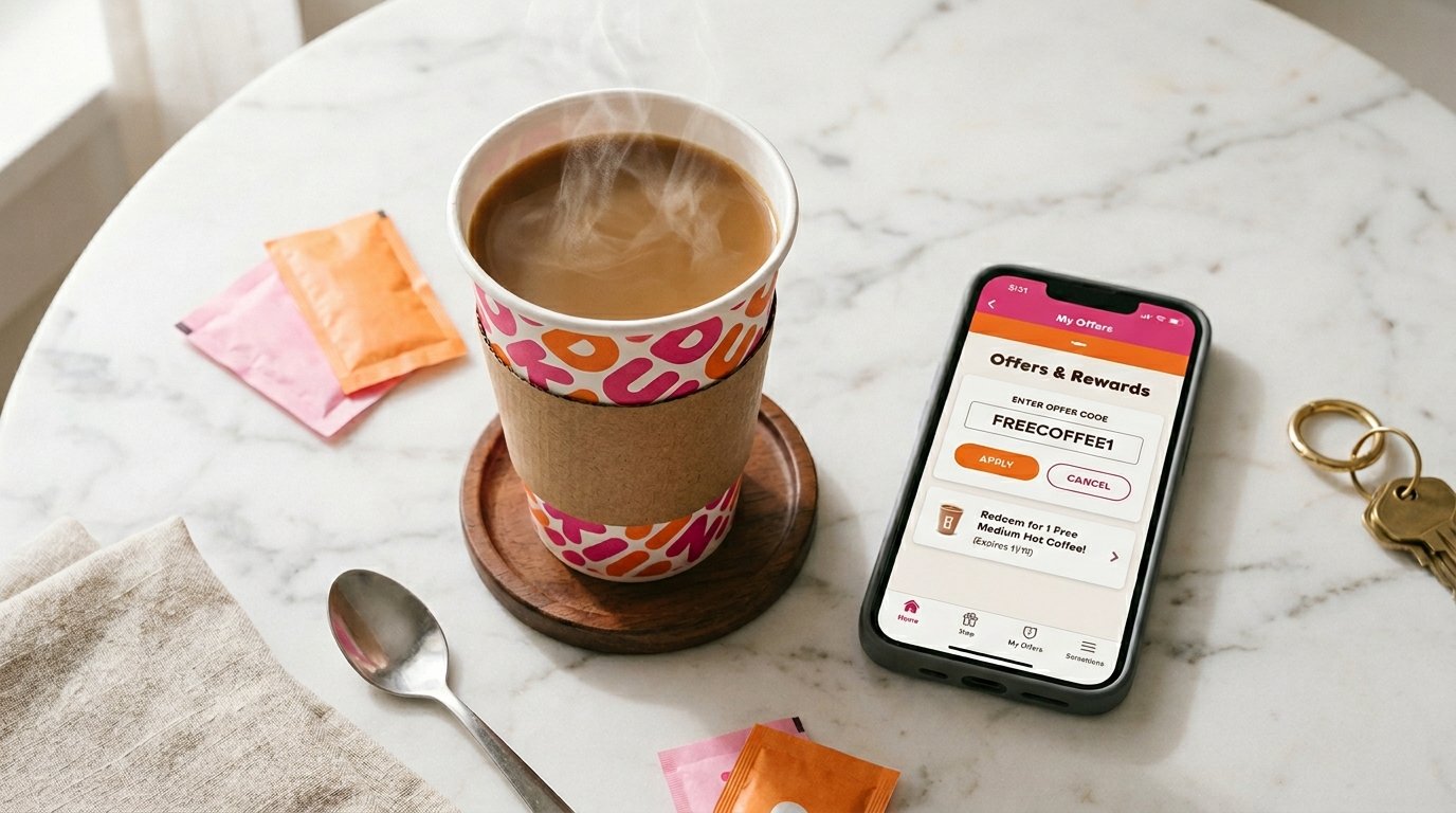 Dunkin free coffee promo code FREECOFFEE1 on smartphone app screen next to hot coffee cup