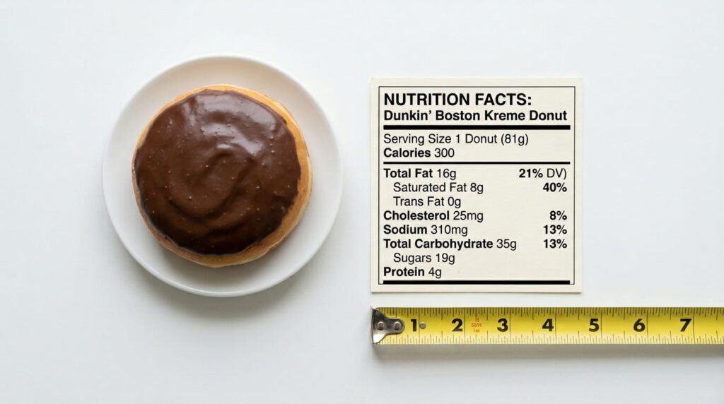 Dunkin Boston Kreme donut beside a nutrition facts label showing 270 calories and macros