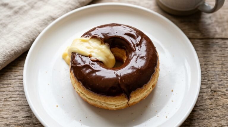Dunkin Boston Kreme donut with chocolate icing and Bavarian Kreme filling on white plate