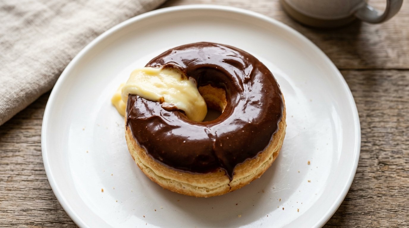 Dunkin Boston Kreme donut with chocolate icing and Bavarian Kreme filling on white plate