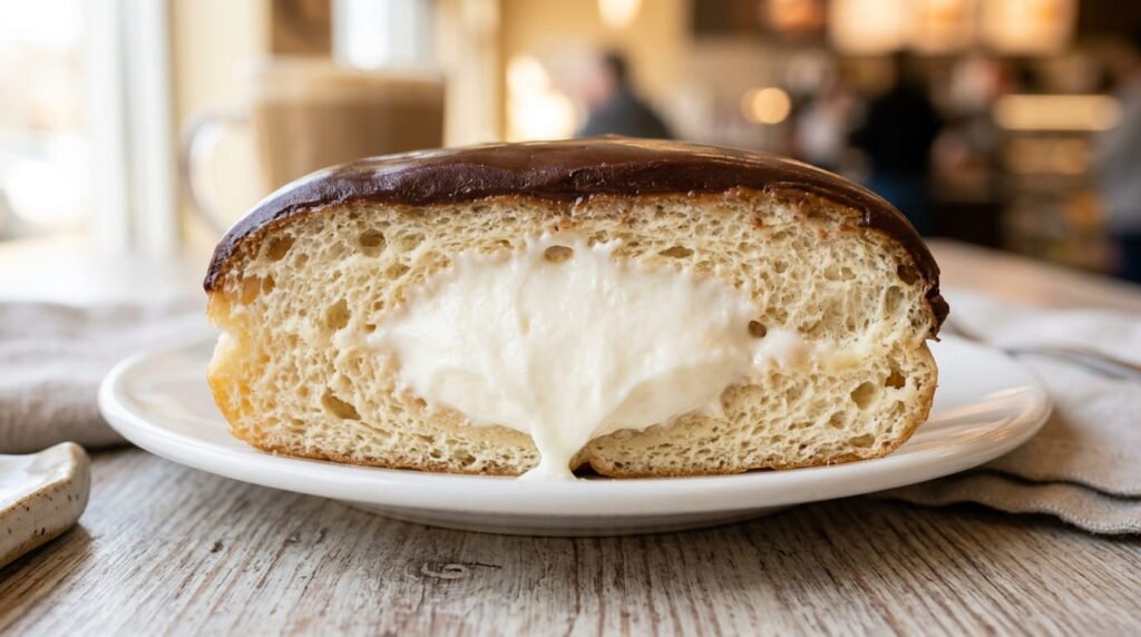 Cross-section of Dunkin Boston Kreme donut showing Bavarian Kreme filling inside soft yeast dough