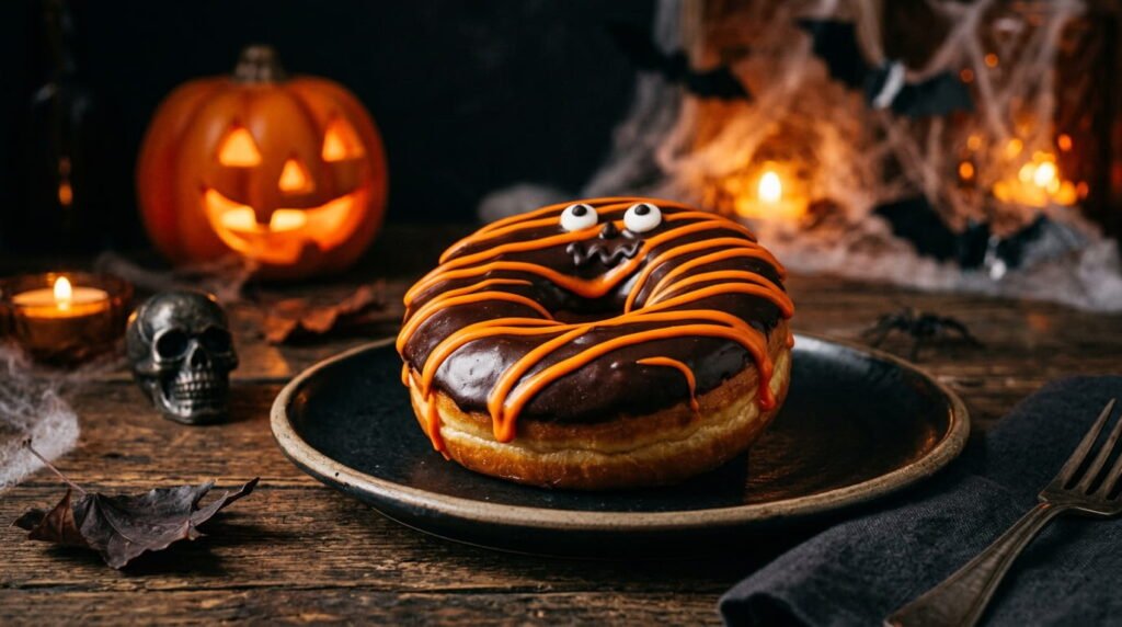 Dunkin Boston Scream Donut Halloween edition with orange drizzle on chocolate iced donut