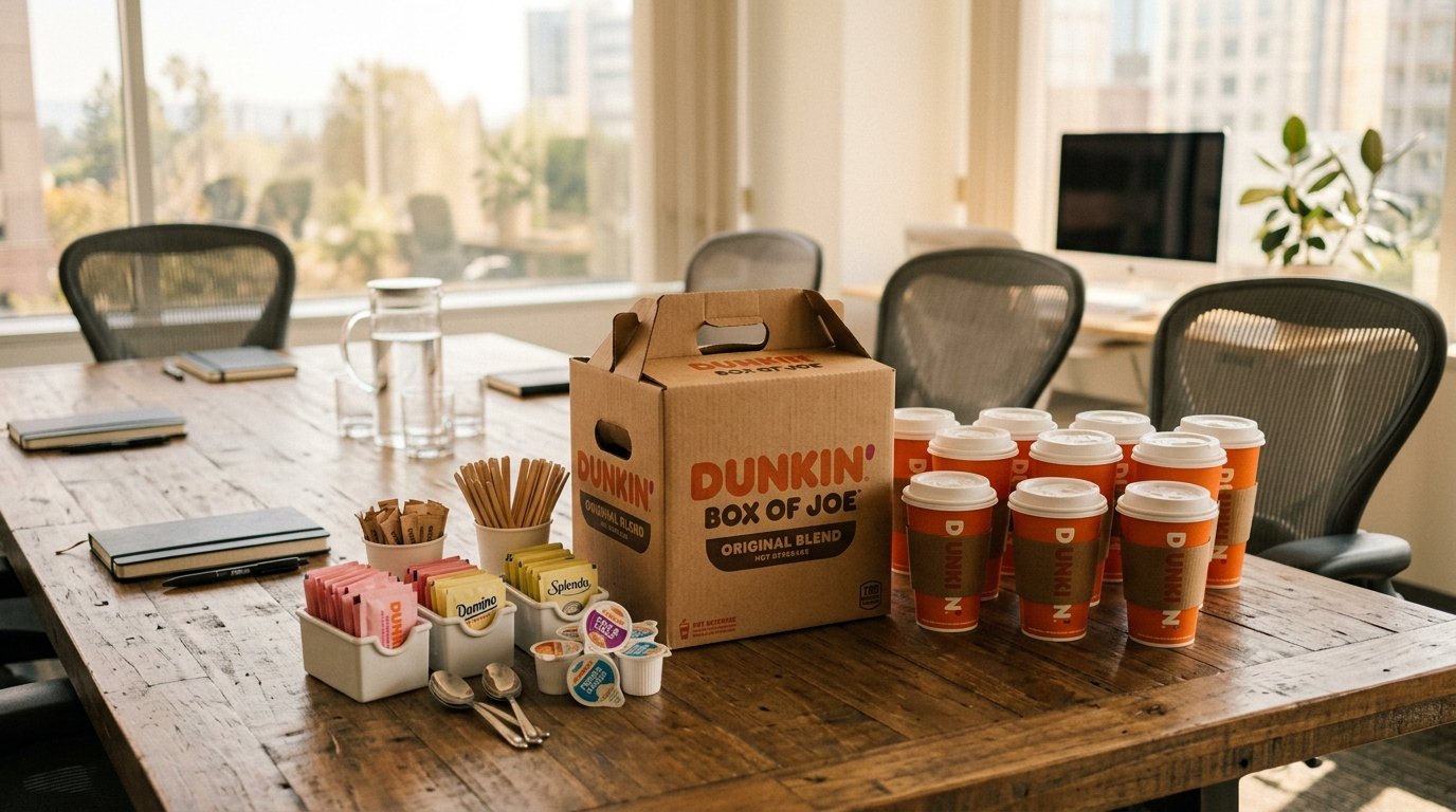 Dunkin Box of Joe setup on office table with cups, lids, and creamers
