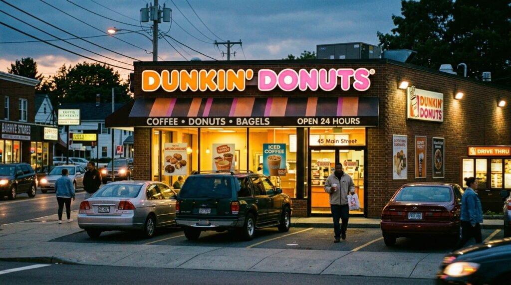 Classic Dunkin Donuts storefront in early 2000s with orange and pink brand signage