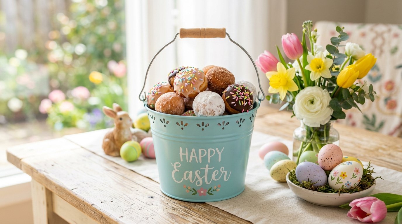 Dunkin Easter Bucket 2026 with 50 Munchkins in a blue Easter pail