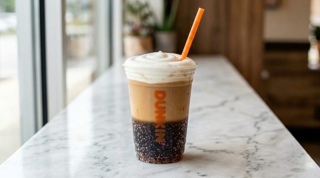 Dunkin Dirty Soda 2026 made with Pepsi coffee milk and sweet cold foam in a clear cup on white marble