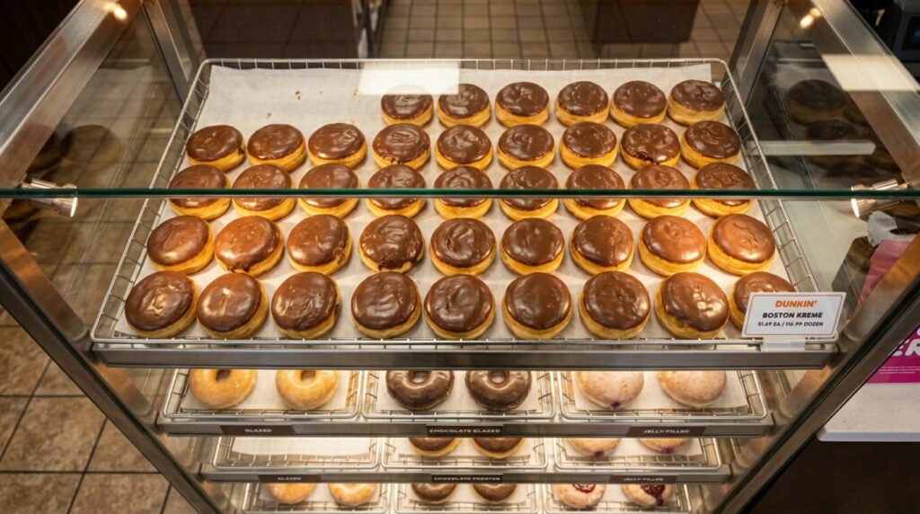 Dunkin Boston Kreme donuts displayed in store case showing multiple glazed chocolate-iced donuts