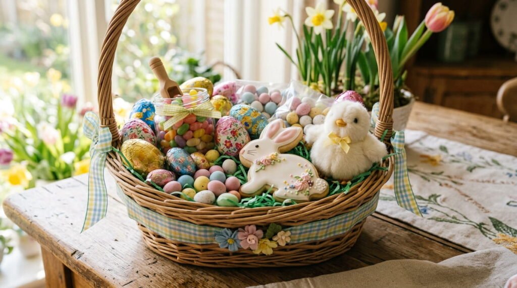 Easter basket with chocolate eggs candy cookies and treats