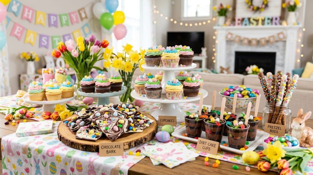 Easter party table with desserts cupcakes chocolate bark and treats