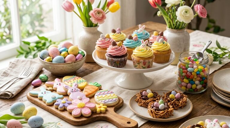 Easter treats table with chocolate eggs cupcakes cookies and candy