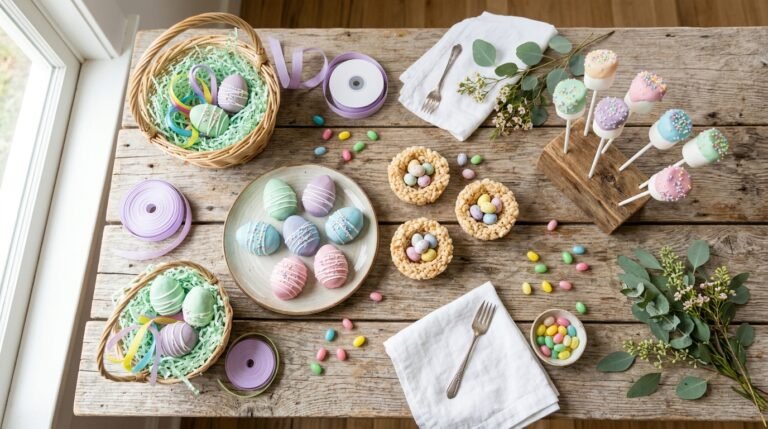 Homemade marshmallow treats for Easter baskets arranged on a wooden table, including chocolate-dipped marshmallow eggs, Rice Krispie nests, and pastel marshmallow pops