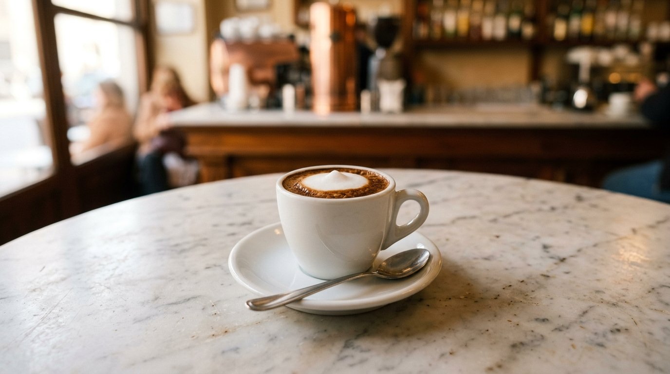 Traditional espresso macchiato in a small cup with milk foam on top