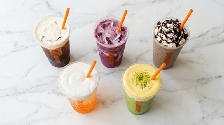 Dunkin new menu 2026 drinks including OREO Cloud Latte, Dirty Soda, Berry Acai Refresher, Bananarama Matcha, and OREO Coolatta on white marble