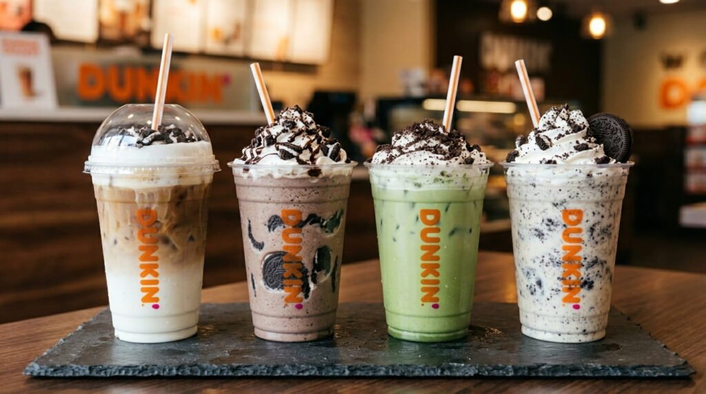 Dunkin OREO drinks April 2026 lineup showing OREO Cloud Latte, OREO Coffee Chiller, OREO Matcha, and OREO Coolatta