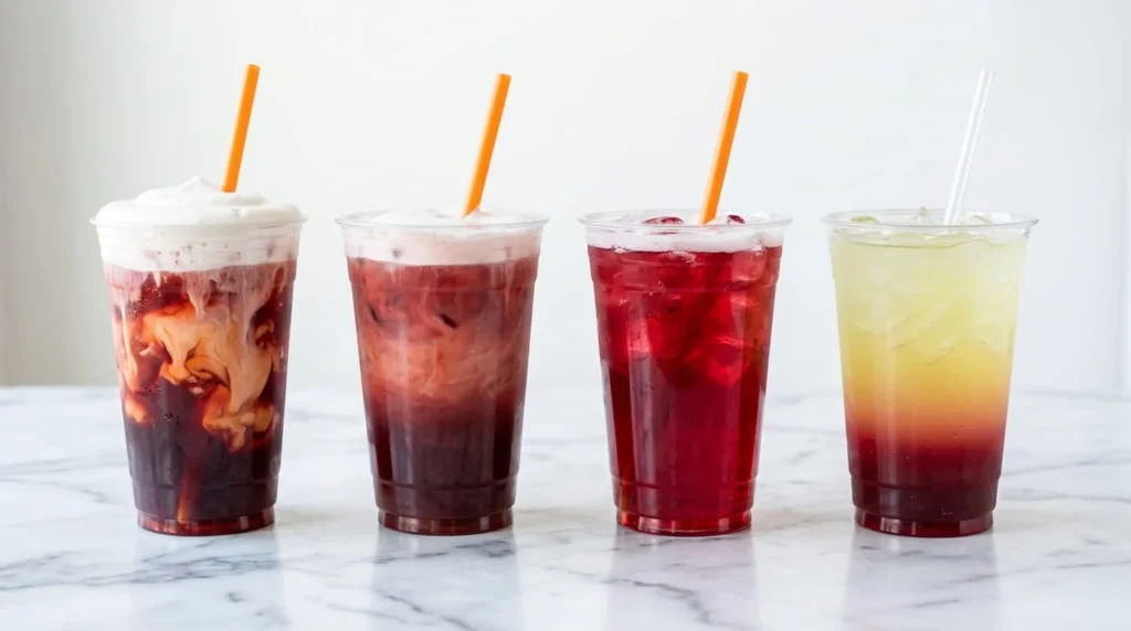 All four Dunkin cherry drinks side by side: Cherry Daydream Refresher, Cherry Protein Daydream, Very Cherry Refresher, and Cherry Lime Rickey Refresher in clear cups on a white background