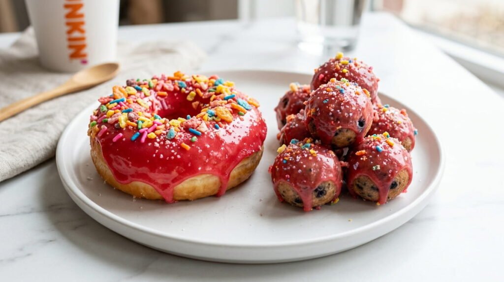 Dunkin Fruit Punch Classic Donut and Fruit Punch Munchkins April 2026 with pink glaze and fruit punch crumble topping