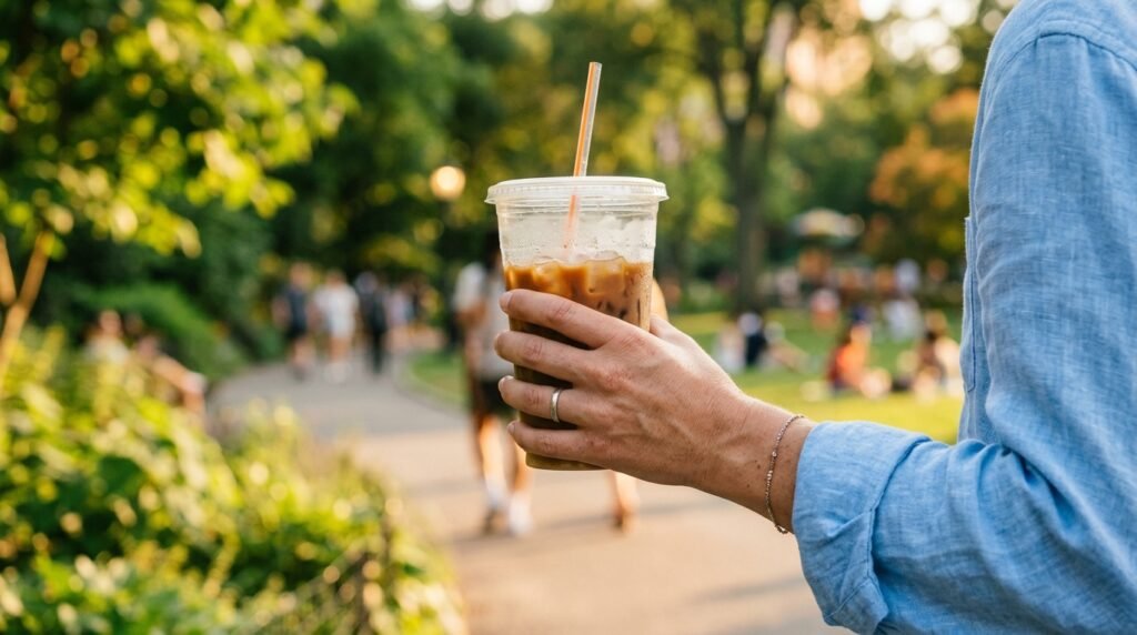 Person holding Dunkin iced summer drink outdoors in golden hour light