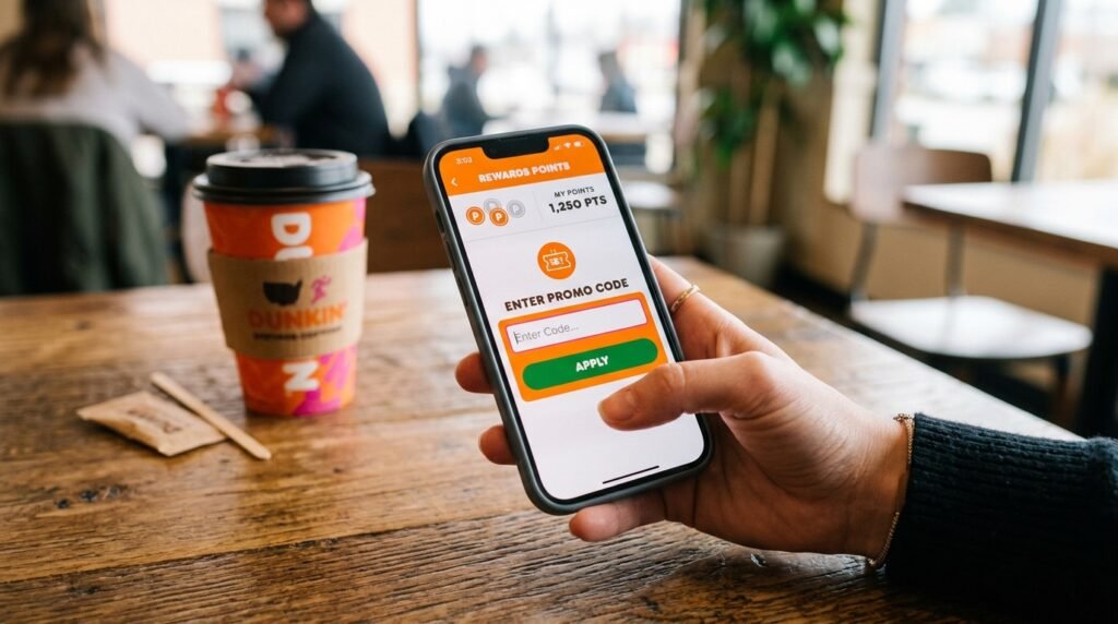 Hand entering Dunkin promo code in app to claim free coffee on April 21 2026