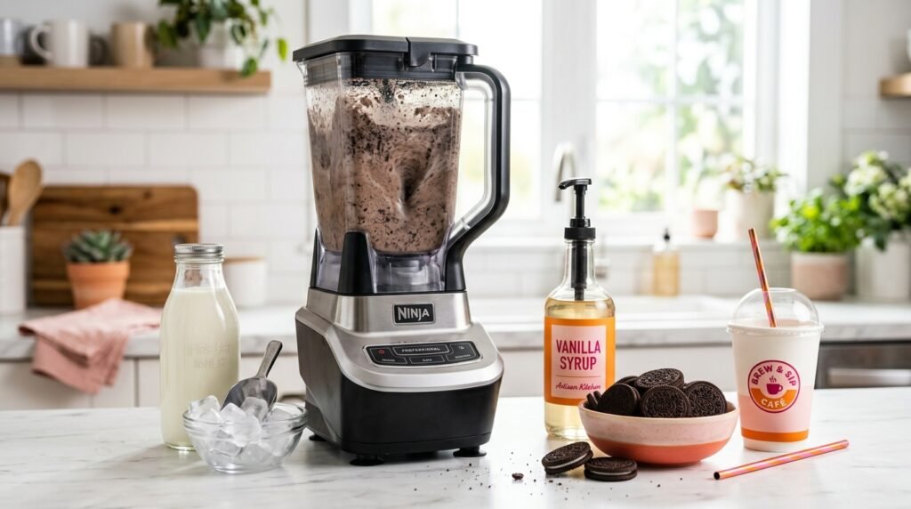 Homemade Oreo Coolatta style drink with ingredients in blender